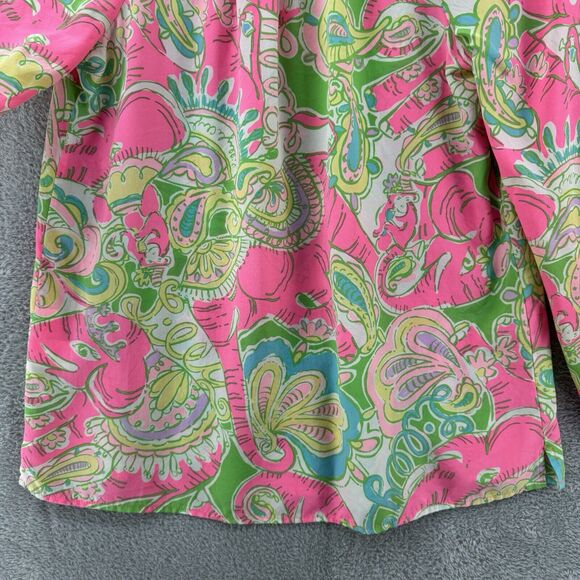 Lilly Pulitzer Top XS Silk Elsa Chin Chin Elephant Pink Ballon Sleeve V-Neck - Picture 11 of 16